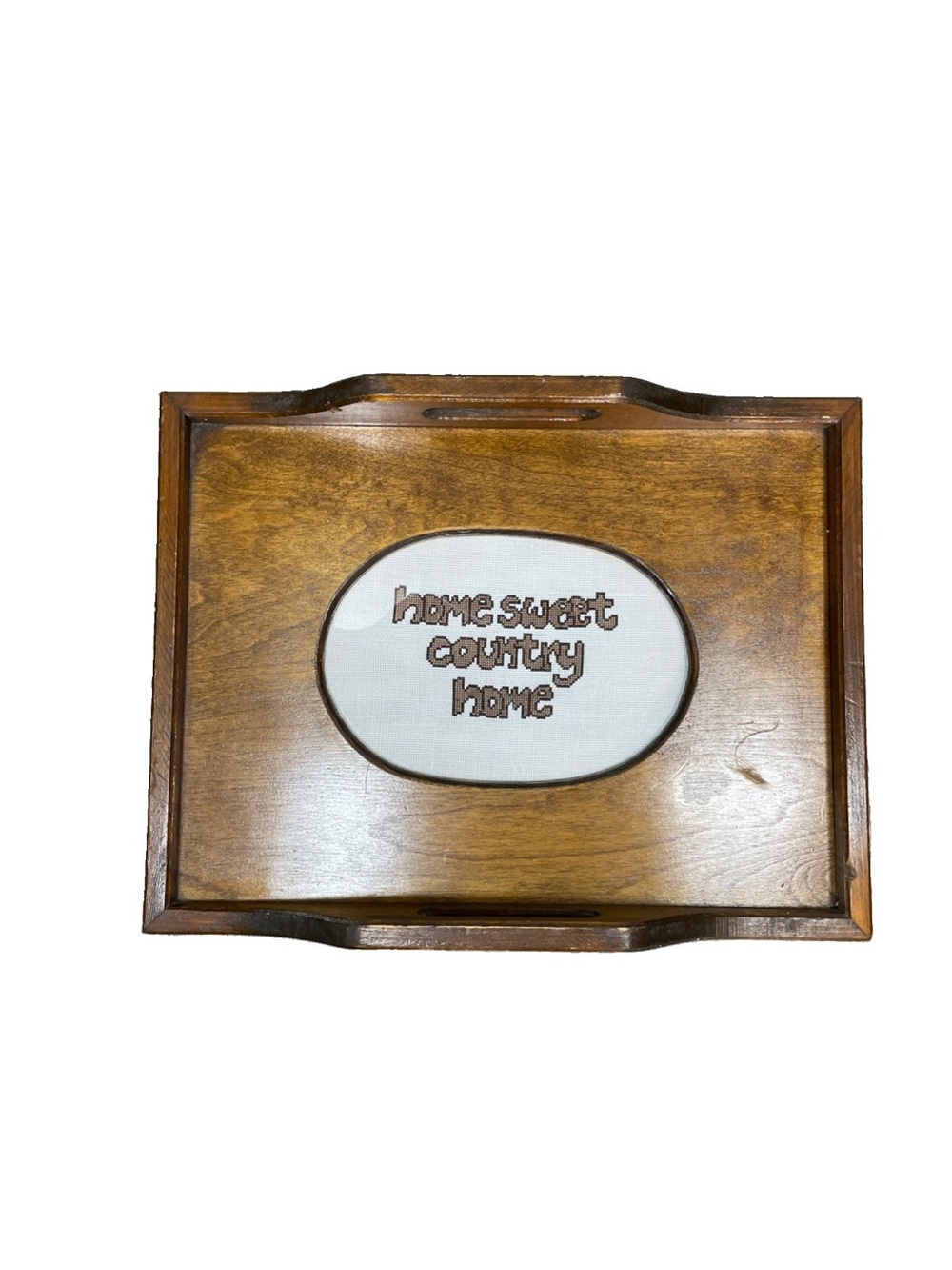 Vintage Cross stitch Wood And Glass Serving Tray 17”x 13” Home Sweet Home